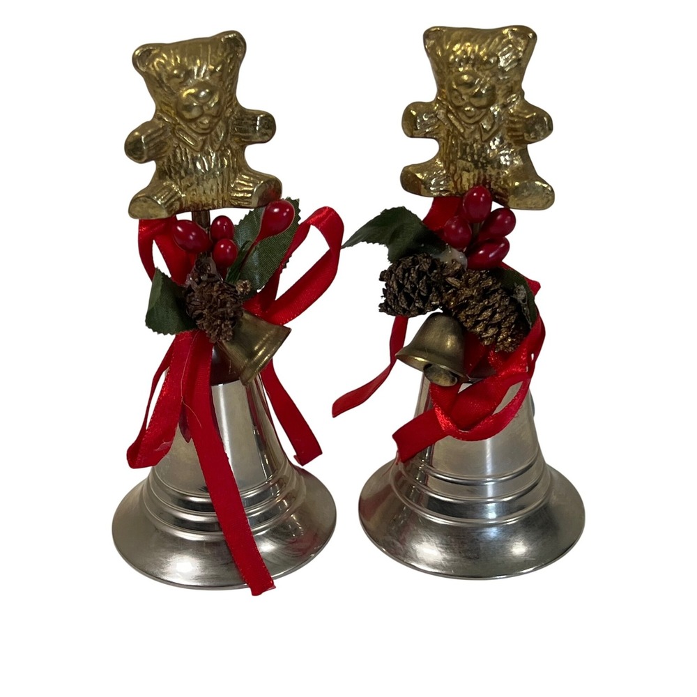 Christmas Teddy Bear Bell Decorations Ornaments Holiday Set‎ of 2